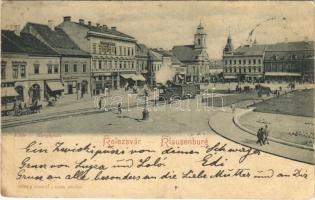 1901 Kolozsvár, Cluj, Klausenburg; Fő tér városi vasúttal, Gergely Ferenc és Reményik Victor üzlete / main square with urban railway, shops (fl)