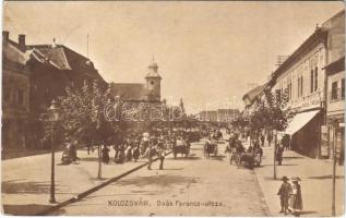 1909 Kolozsvár, Cluj; Deák Ferenc utca, Babos és Társai üzlete, piac / street view, shops, market (EK)