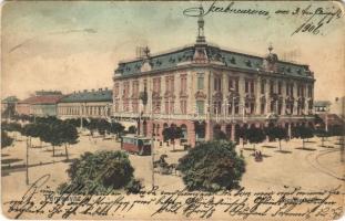 1906 Temesvár, Timisoara; Scudier tér, villamos, Párisi Nagy Áruház / square, tram, shop (kopott sarkak / worn corners)