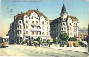 Nagyvárad, Oradea; Fekete Sas nagyszálloda, piac, villamos. Vidor Manó kiadása / hotel, market, tram (fa)