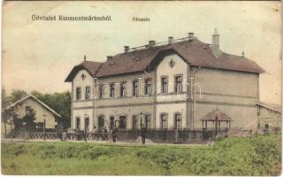 1914 Kunszentmárton, Vasútállomás, vasutasok. Garay György kiadása (EB)