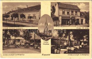 1942 Kapuvár, Schwab Richárd vendéglője, Gartai templom, Zöldfa vendéglő kerthelyisége, pincérek, Hancz M. üzlete és saját kiadása (EK)