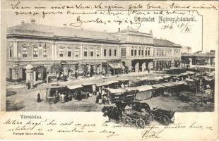 1904 Nyíregyháza, Piac tér árusokkal, Városháza, Nagy Gyula és Paál Ferenc üzlete, Piringer János könyvnyomdája és saját kiadása (EK)