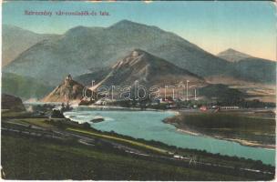 Sztrecsnó, Sztrecsény, Strecno (Tátra, Vysoké Tatry); vár romladék a Vágnál, falu. Feitzinger Ede No. 635. / castle ruins at river Váh (EK)