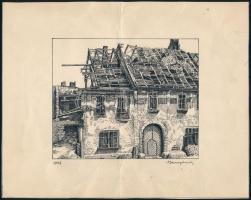 Borossy Jenő jelzéssel: Romos ház, 1945. Tus, papír, törésnyommal. 13x11 cm