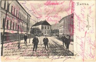 1905 Ruttka, Vrútky; Iskola tér, diákok télen / School square, students in winter