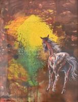 Szinte Gábor (1928-2012): Ló a fényben. Vegyes technika, papír, jelzett. Hátoldalán a művész bélyegzőjével. Plexiüvegezett fa keretben, 70×50 cm