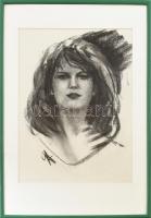 Gubcsi Attila (1954-2020): Lányportré. Szén, papír. Jelzett. 51x36 cm. Üvegezett fa keretben.