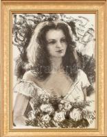 Gubcsi Attila (1954-2020): Lány rózsákkal. Szén, papír. Jelzett. 70x47 cm. Üvegezett fa keretben.