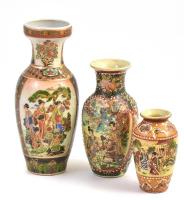 3 db kínai váza, kézzel festett plasztikus díszítéssel, közte 2 jelzett, kis mázrepedésekkel, kopással. m: 10 cm, 15 cm, 20 cm