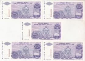 Horvátország / Krajna Szerb Köztársaság 1994. 1.000.000D (5x) mind pótkiadás, közte sorszámkövető hármas Z0000985 - Z0000987 T:I,I-  Croatia / Republic of Serbian Krajina 1994. 1.000.000 Dinara (5x) all replacement notes, with three sequential serials Z0000985 - Z0000987 C:UNC,AU