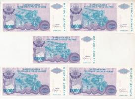 Horvátország / Krajna Szerb Köztársaság 1994. 1.000.000D (5x) mind pótkiadás, közte sorszámkövető há...