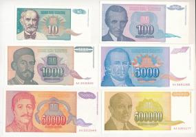 Jugoszlávia 1994. 10D + 100D + 1000D + 5000D + 50.000D + 500.000D (6xklf) T:I,I-  Yugoslavia 1994. 10 Dinara + 100 Dinara + 1000 Dinara + 5000 Dinara + 50.000 Dinara + 500.000 Dinara (6xdiff) C:UNC,AU