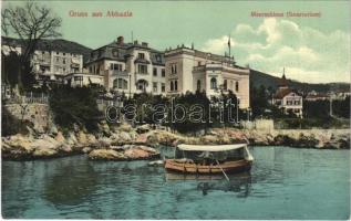 Abbazia, Opatija; Meerschloss Sanatorium, fishing boats / szanatórium kastély, halász csónakok