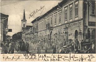 1904 Radauti, Radóc, Radautz; Kirchengasse / street view, church, shops. Verlag v. Herzberg (surface damage)