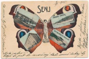 1905 Senj, Zengg; Parobrod Starcevic, Gradsko Kupaliste Marija "Art" / kikötő, Starcevic gőzhajó, fürdő. Szecessziós pillangós hölgy montázs művészlap / port, steamship, spa, bath. T. Devcic & Cie. C.W.W. IX/I. Art Nouveau butterfly lady montage art postcard (b)
