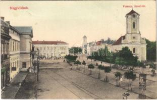 1913 Nagykikinda, Kikinda; Ferenc József tér, templom, üzletek / square, church, shops