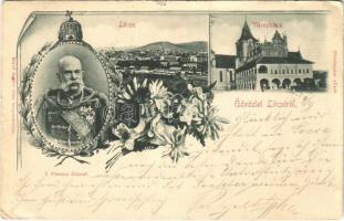 1899 Lőcse, Levoca; látkép, Városháza, I. Ferenc József. Szoller Géza kiadása / general view, town hall, Franz Joseph I of Austria. Art Nouveau, floral (szakadás / tear)