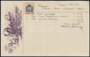 1910 Pártos Lajos szegedi ékszerész és órás fametszetes, illetékbélyeges számlája, jó állapotban