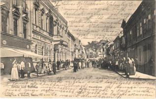 1904 Zimony, Semlin, Zemun;Fő utca, kávéház / Hauptgasse, Caefé Brüder / main street, cafe shop + ZIMONY-ZEMUN kétnyelvű bélyegzés