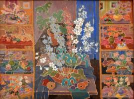 Laki Ida (1921-2015): Csendélet. Olaj, farost, jelezve jobbra lent (keret által tekerve), fa keretben, 61×80 cm