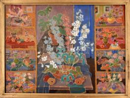 Laki Ida (1921-2015): Csendélet. Olaj, farost, jelezve jobbra lent (keret által tekerve), fa keretbe...