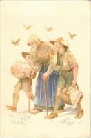 1932 A cserkész ahol tud segít. A Magyar Cserkészszövetség kiadása / Hungarian boy scout art postcard s: Márton L. (EK)
