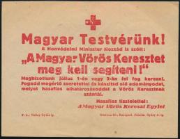 cca 1943 Magyar Testvérünk! - a honvédelmi miniszter felszólítása a Vöröskereszt támogatására, szórólap, jó állapotban