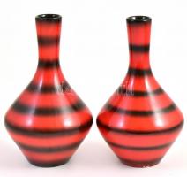 Piros-fekete csíkos Gránit retro váza pár. Mázas kerámia, jelzett, hibátlan. 22 cm