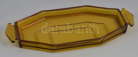 Retró sárga színű üveg süteményes tálca, anyagában színezett, kis csorbákkal, kopással, 34,5x15,5 cm