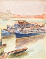 Sostarics Lajos (1896-1968): Pesti rakpart uszályokkal. Akvarell, papír. Jelzés nélkül, szélein kis szakadásokkal, hiánnyal, 30x23,5 cm
