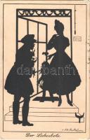 1922 Der Liebesbote / Silhouette art postcard. Graphische Kunst- u. Verlagsanstalt Berlin-Schöneberg Nr. 466/2. s: Alt-Stutterheim (ázott sarok / wet corner)