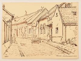 Sostarics Lajos (1896-1968): Vöröskereszt utca. Óbuda sorozat. Diópác, papír. Jelzett, kartonra kasírozva, 30x21,5 cm