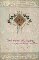 1908 Die besten Wünsche zum neuen Jahre! / New Year greeting art postcard, Art Nouveau, floral, Emb. litho