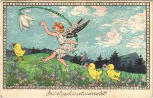 1919 Szívélyes húsvéti üdvözlet! / Easter greeting art postcard, fairy with chicken. P.G.W.I. 507-4. (EK)