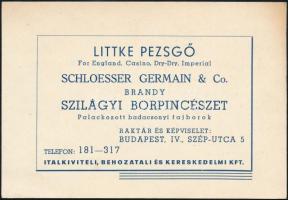 cca 1940 Italkereskedelmi Kft. italreklám kartonja Littke pezsgővel és Szilágyi borpincészet badacsonyi fajboraival