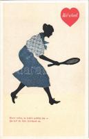 Heil-Schnell. Sport treiben, da heißts praktisch sein - ich steck die Tube Heil-Schnell ein / Tennis playing lady, silhouette art postcard with sport cream advertisement s: Marte Graf
