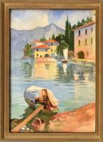 Jelzsé nélkül: napfényes mediterrán vízpart. Akvarell, papír, jelzett. Üvegezett fa keretben, 38×28 cm