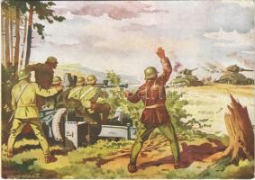 Fazekas Károly őrmester, gépágyus félszakaszparancsnok az Uryw-i harcokban két ellenséges páncélost lőtt ki, több kiserődöt pusztított el és lelőtt egy támadó nehézbombázót / WWII Hungarian military art postcard s: Gönczi Gebhardt (EK)