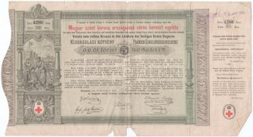 Budapest 1882. Magyar szent korona országainak vörös-kereszt egylete kisorsolási kötvénye 5Ft értékben bélyegzésekkel T:III szakadások