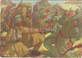 Karsai István hadnagy sebesülten vezetett megsemmisítő rohamot egy ellenséges támpont ellen / WWII Hungarian military art postcard (EK)