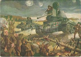 Resch Rudolf alezredes, harckocsi-ezredparancsnok, vakmerő rajtaütéssel betört a szovjet védőövezetbe és több ellenséges kísérődön kívül hat szovjet péncéltörő ágyút lőtt ki / WWII Hungarian military art postcard