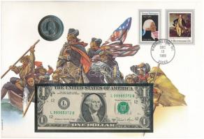 Amerikai Egyesült Államok érmés és bankjegyes, pecsételt boríték benne 1976. 25c Cu-Ni érmével és 1981. 2$ bankjeggyel a PHILSWISS kiadásában, német leírással T:1,I