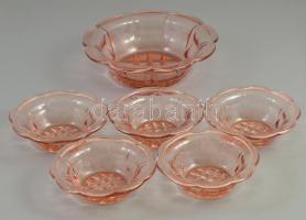 Rózsaszín üveg kompótos készlet, tál + 5 db tálka, anyagában színezett, kis csorbákkal, kopásokkal, d: 21 cm és 13,5 cm