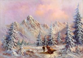 Girotti (?) jelzéssel: Hegyvidéki havas táj. Olaj, vászon. Dekoratív fa keretben. 48x69 cm
