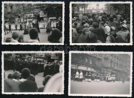 1938 Budapest, 4 db fotó a Nemzetközi Eucharisztikus Kongresszus felvonulásairól, üzletportálokkal, 6×9 cm