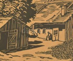 N jelzéssel: Tabáni udvar. Linómetszet, papír. Üvegezett keretben. 15x18 cm