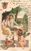 1905 Lady art postcard, romantic couple. Art Nouveau, floral, litho (vágott / cut)