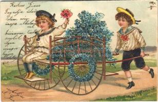 1907 Greeting card with children and flowers. Art Nouveau, floral, Emb. litho (apró lyuk / tiny hole)