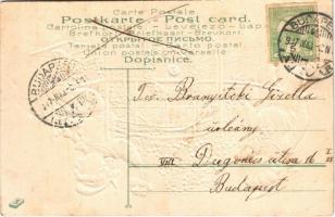 1907 Greeting card with children and flowers. Art Nouveau, floral, Emb. litho (apró lyuk / tiny hole...